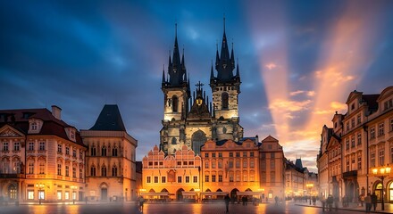 Obraz premium Night View of Historic Church and Square with Illuminated Buildings and Vibrant Sky.