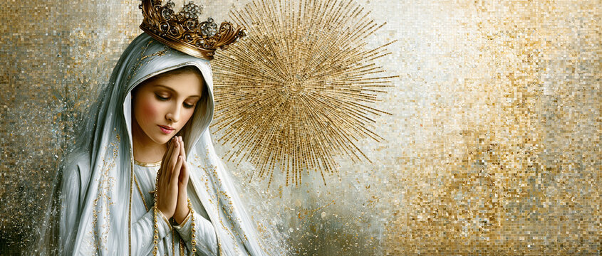 Our Lady of Fatima Mosaic Icon with Golden Crown &ndash; AI Generative
