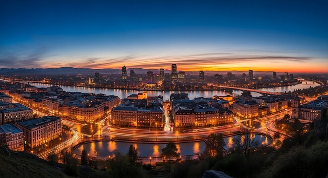 Panoramic aerial view of Vienna city skyline at sunset.