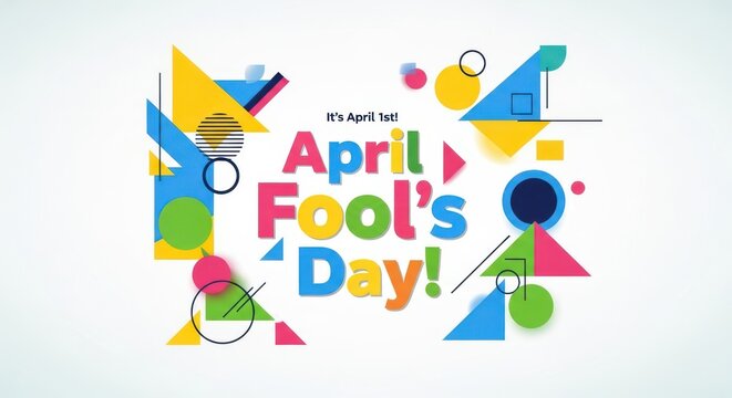 Colorful April Fools Day greeting card design with geometric abstract shapes