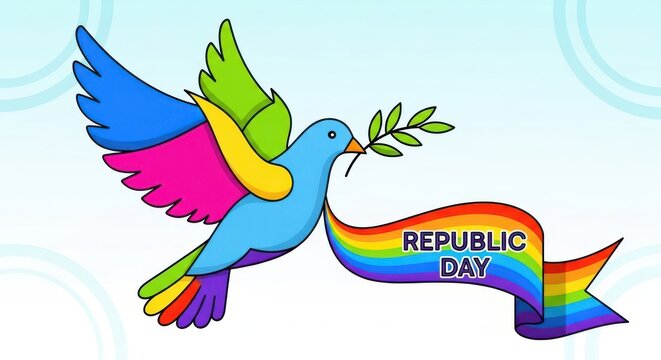 Colorful dove bird flying with a Republic Day rainbow banner for peace greeting