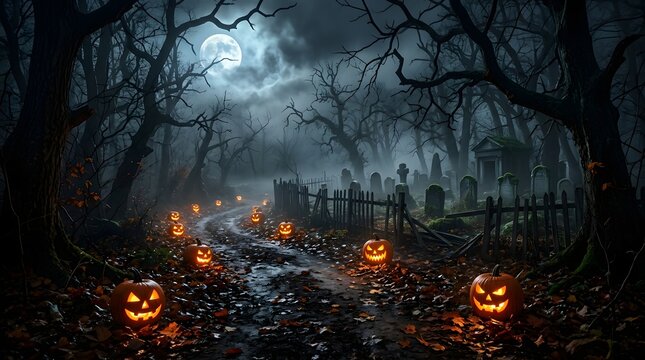 Spooky happy halloween illuminated cemetery path with jack o' lanterns
