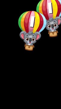 Animated Cartoon Koalas Falling in Colorful Hot Air Balloons on Black Background