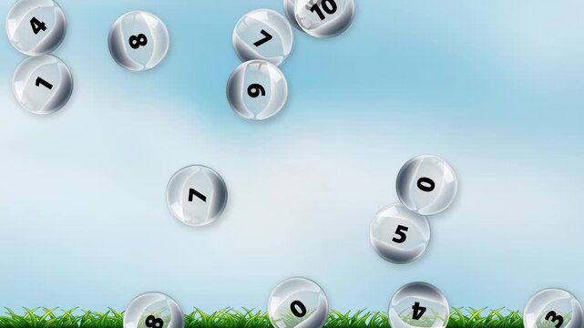 Numbered Glass Spheres Falling Over Green Grass and Blue Sky