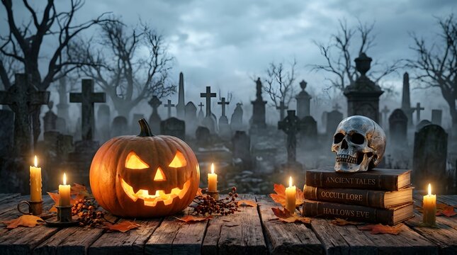 Happy halloween graveyard scene jack o' lantern skull spooky cemetery