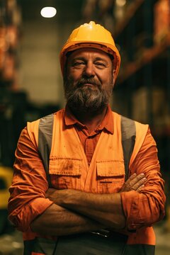 engineer smiling with beard tone standing at a modern industrial energy plant while smiling thoughtfully