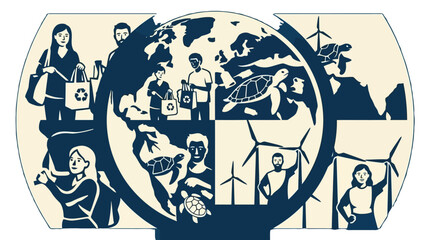 Fototapeta premium Global sustainability concept with people recycling and wind power
