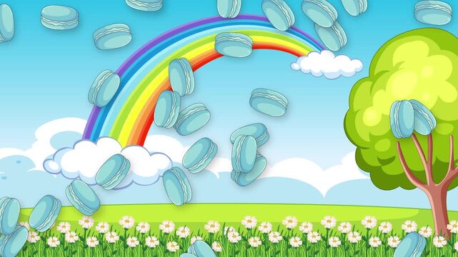 Cartoon Landscape with Falling Blue Macarons and Vibrant Rainbow Background