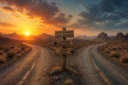 Forked desert road with directional wooden sign at sunset