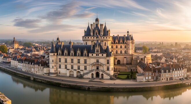 Panoramic view of Chateau d Amboise at sunset overlooking the Loire River in France.