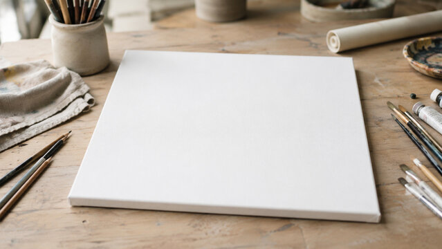 Blank Canvas Board on Wooden Studio Table with Art Supplies