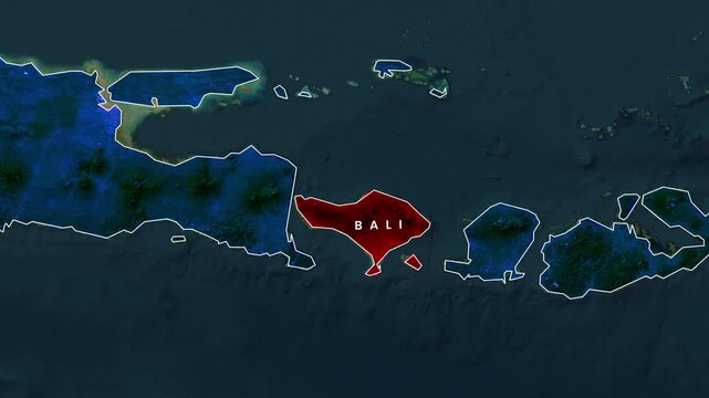 Animated map footage highlighting the island of Bali in Indonesia with glowing lights