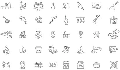 Naklejka premium Fishing industry and catching production minimalist line art icon set. Fishing instrument line icon set. Fisherman, fishhook, hook, boat, fisherman, commercial professions. Vector illustration.