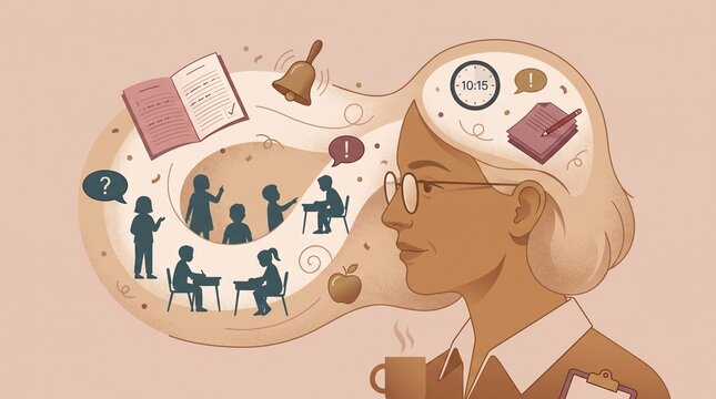 Teacher Wellness Mind Map featuring an anatomical illustration of a female profile filled with classroom scenes and ringing bells for pedagogical psychology or stress management guides