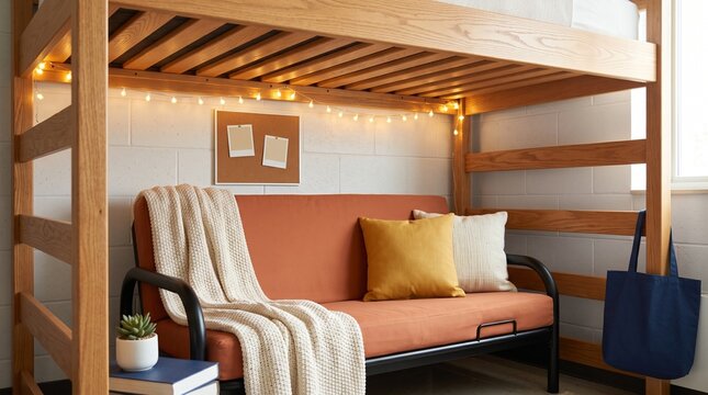 Orange Futon Under Lofted Bed creating a lower sitting area in a timber frame structure for creative room layout ideas space saving furniture sites or campus brochures