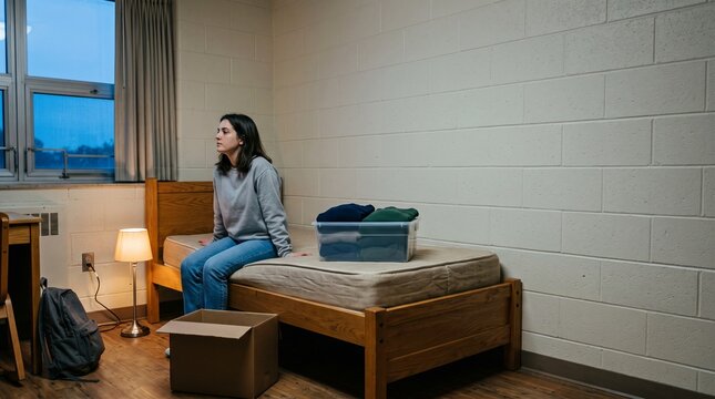 First Night Alone Dorm depicting a thoughtful young woman sitting by the window in an empty brick room for mental health articles or college transition blogs