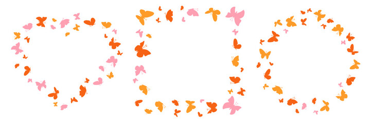 Fototapeta premium Cute frame set with butterflies. Butterfly border template – round, square and heart shaped composition of colorful insects