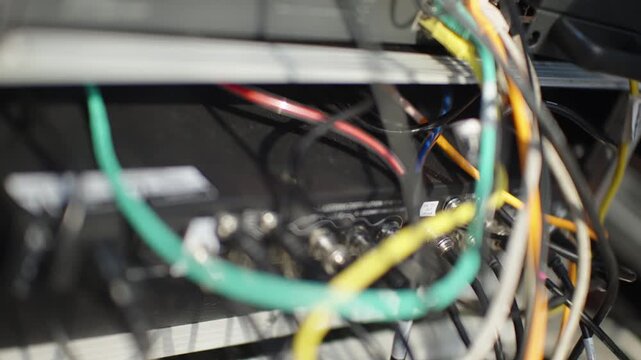Tangled AV Cables and Connectors in Broadcast Equipment Rack