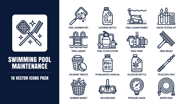 Swimming pool maintenance line icon set. Features skimmer net chlorine bottle automatic robot cleaner water testing kit filter system and electric pump. Residential service tool graphics.