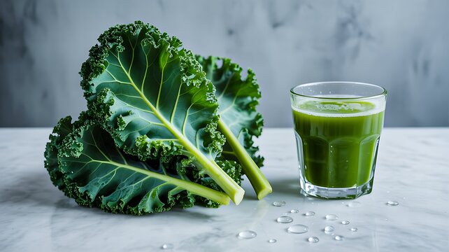 Fresh kale leaves with green detox juice in glass on marble surface