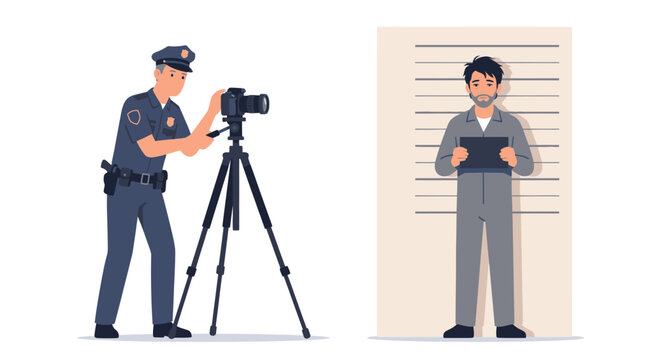 Police officer photographs suspect in mugshot lineup with height chart