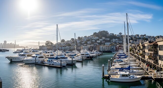 Panoramic view of sailboats docked at a scenic harbor in Sausalito California.
