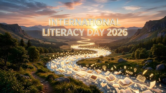 River of Illuminated Pages Through Scenic Valley at Sunset for International Literacy Day 2026