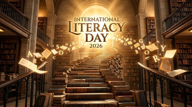 Grand Book Staircase Leading to Literacy Typography in Library for International Literacy Day 2026