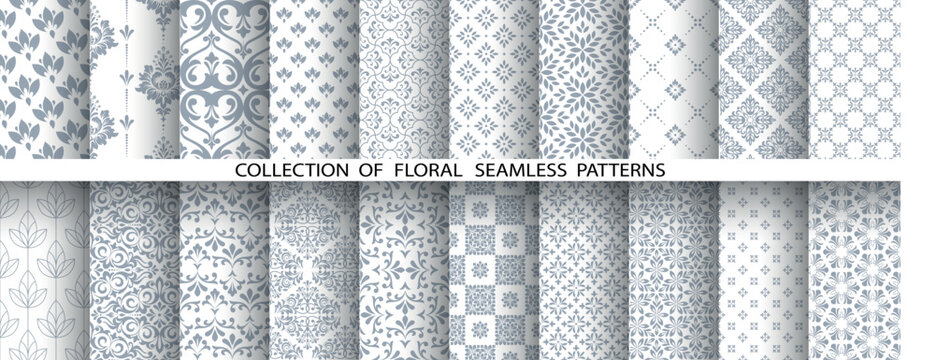 Geometric floral set of seamless patterns. White and gray vector backgrounds. Damask graphic ornaments