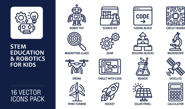 STEM education and robotics for kids linear icon set containing robot toy science kit coding block circuit board magnifying glass gear and microscope. Linear outline vectors.