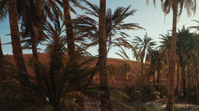Palm trees are seen in a desert area. The sun rises in the background, casting light on the leaves. The sand dunes are visible in the distance. The scene shows clear skies and natural growth.