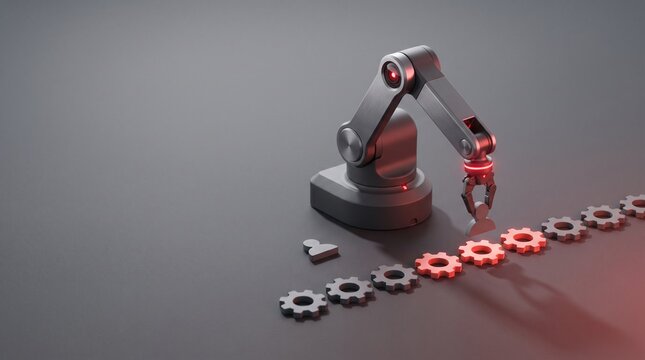 Precise robotic arm replaces a human silhouette with metallic gears under a clinical red glow, illustrating the cold efficiency of industrial automation and labor displacement.