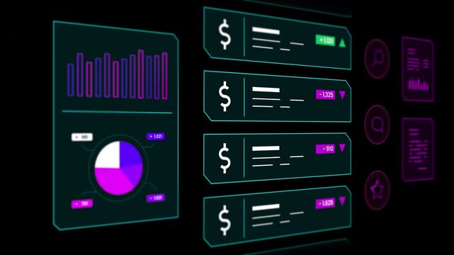Animated interface with purple financial ledger charts and currency exchange data analytics for corporate trading presentations.