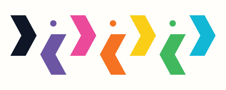 Colorful arrows in sequence moving forward on white background abstract concept