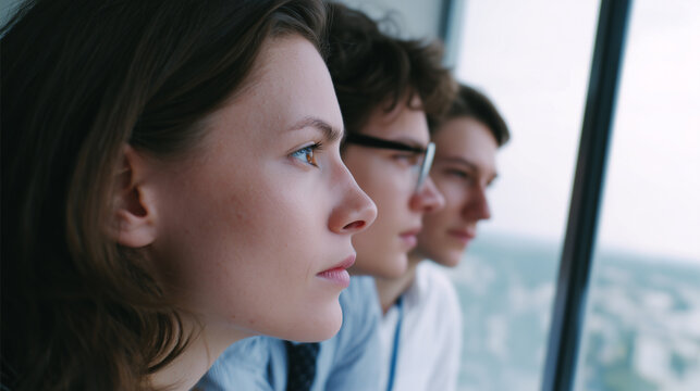 Young adult woman man office window bright profile team business professional group looking through glass with calm focus in modern workplace