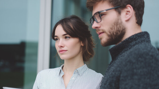 Business couple office window man woman portrait teamwork professional corporate thoughtful colleagues near bright glass office window with calm expression