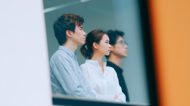 Young adult office window glass business team people colleague corporate bright young adult colleague standing behind glass modern office, thoughtful expression, teamwork atmosphere, blurred