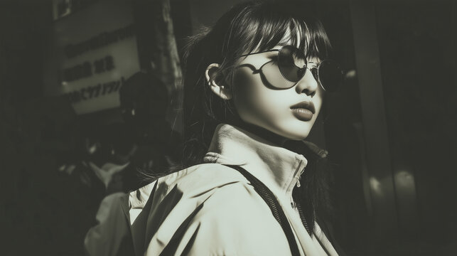 Korean woman sunglasses street urban fashion portrait black hair trench coat Tokyo inspired clean experimental street portrait with calm expression