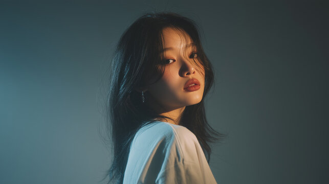 Korean woman female model beauty portrait candid medium shot long hair studio soft light calm expression teal background portrait of young adult with natural makeup, white shirt, warm shadow