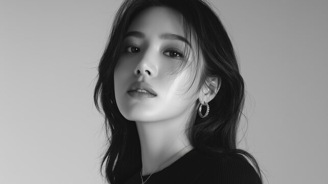 Korean woman portrait beauty female model black and white long hair candid studio elegant gaze with earring and dark top against plain gray background