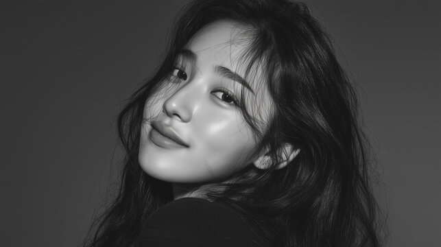 Korean woman female model beauty portrait candid long hair face monochrome studio, medium long shot beauty portrait with calm expression, dark wavy hair, smooth skin, elegant pose, gray background