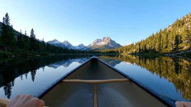 POV Canoeing on Calm Mountain Lake with Reflections
