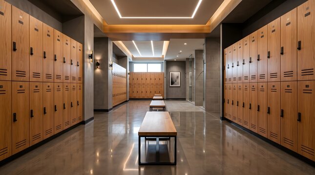 Luxury modern gym locker room interior with wooden lockers and benches