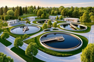 Obraz premium Aerial view of a modern water treatment plant with circular clarifiers and green landscaping