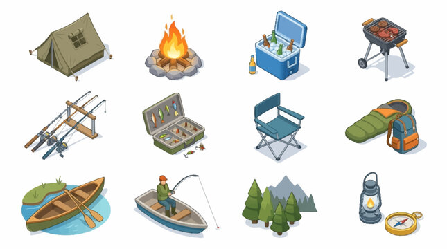 Colorful flat vector icons of outdoor camping and leisure activities.