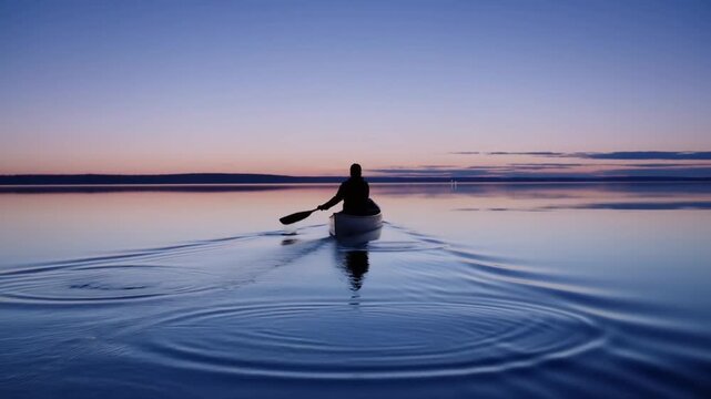 Silhouette of Person Kayaking on Calm Water at Twilight with Perfect Reflection and Ripple Patterns, Cinematic Serene Scene
