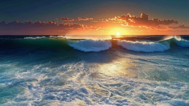 Cinematic parallax shot layering sharp foam foreground with curling ocean wave barrel behind scene