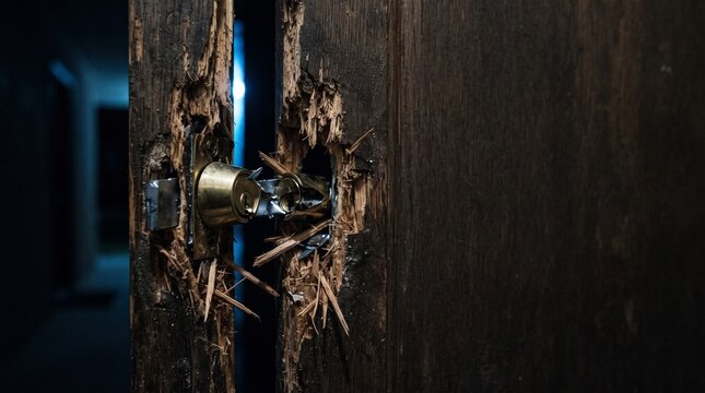 Close up of splintered wooden door with broken brass lock after forced entry.