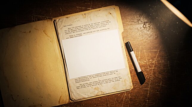 Detective's folder with old documents and marker pen on wooden table lit by spotlight.