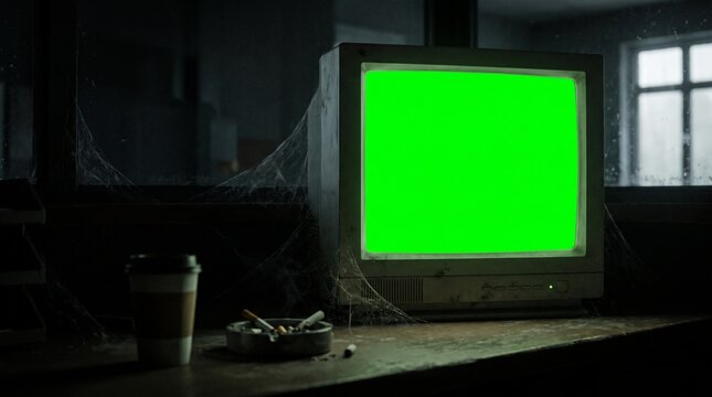 Vintage retro computer monitor displaying green chroma key screen in dark mysterious detective office.